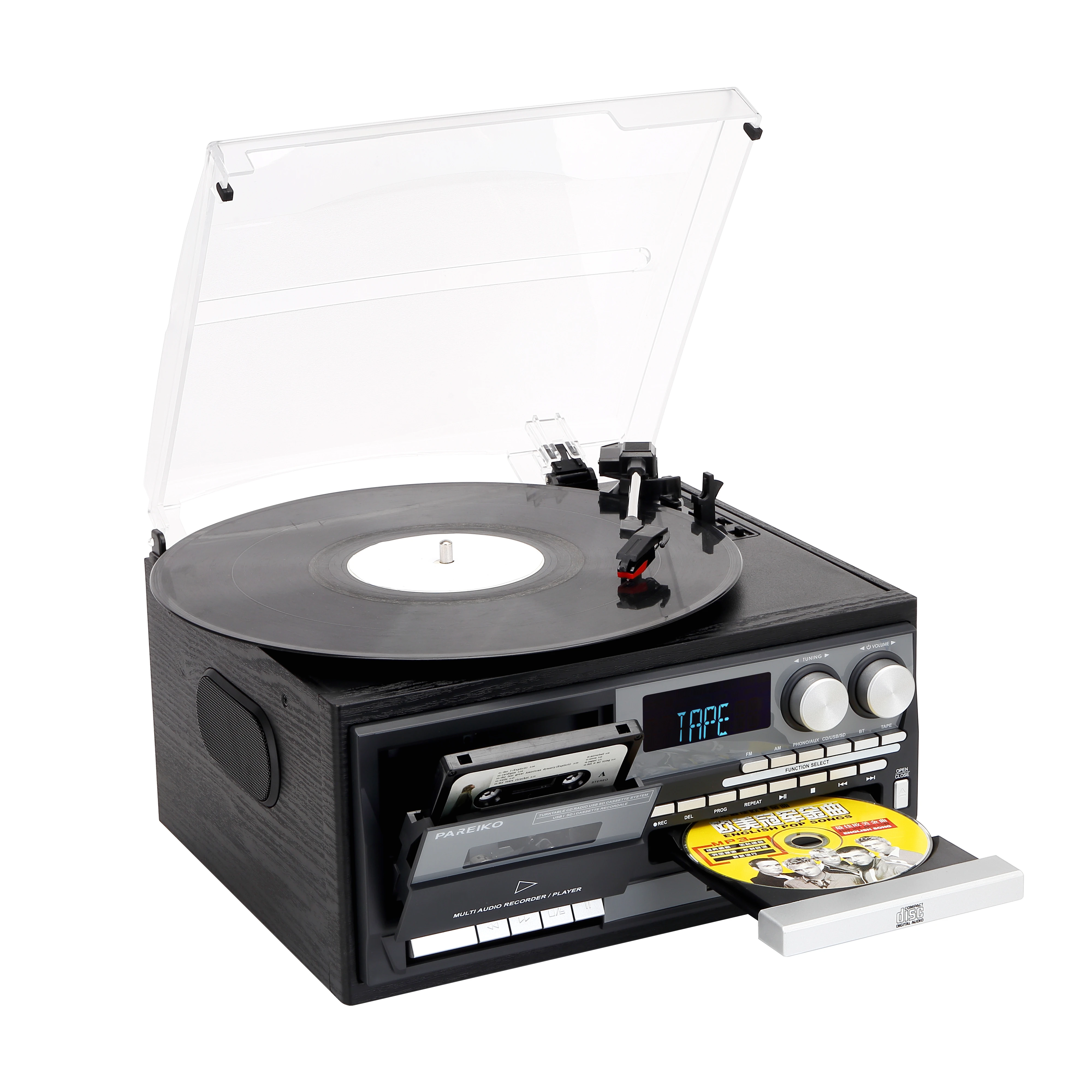 Vintage tudo em 1 vinil turntable player rádio am fm record player 3 velocidade turntable com alto-falantes embutidos bt