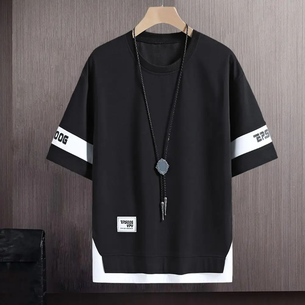 

Summer Men's Top Loose Fake Teo One-piece Short-sleeved Solid Color O-neck Letter Pattern Casual Pullover Streetwear