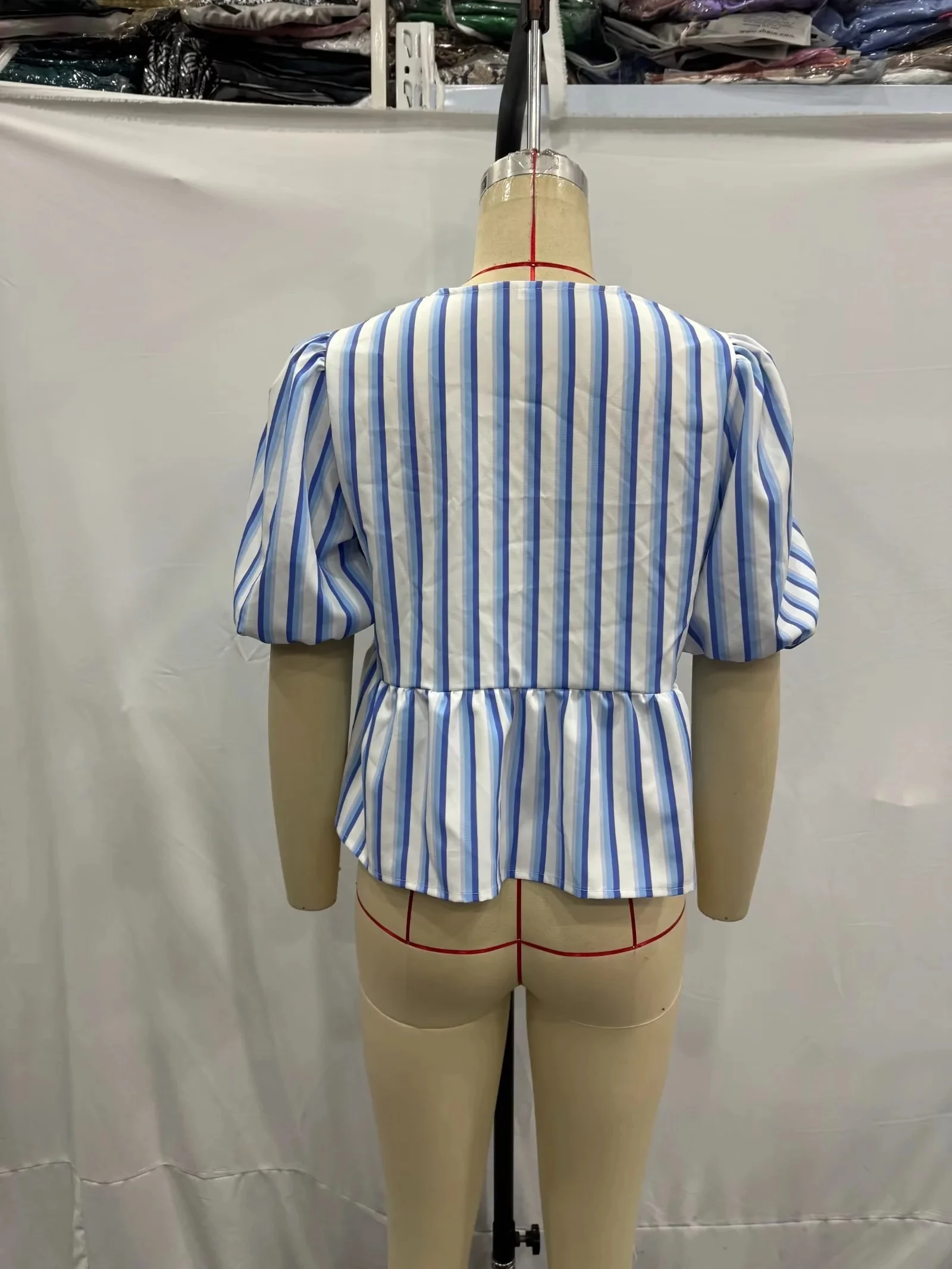 Description Picture 4 of itemTRAFZA 2024 Summer Women's Blue Striped Cropped Tops Short Sleeve Puff Sleeves Lace Up O Neck Blouse Y2K T Shirts Elegant Style