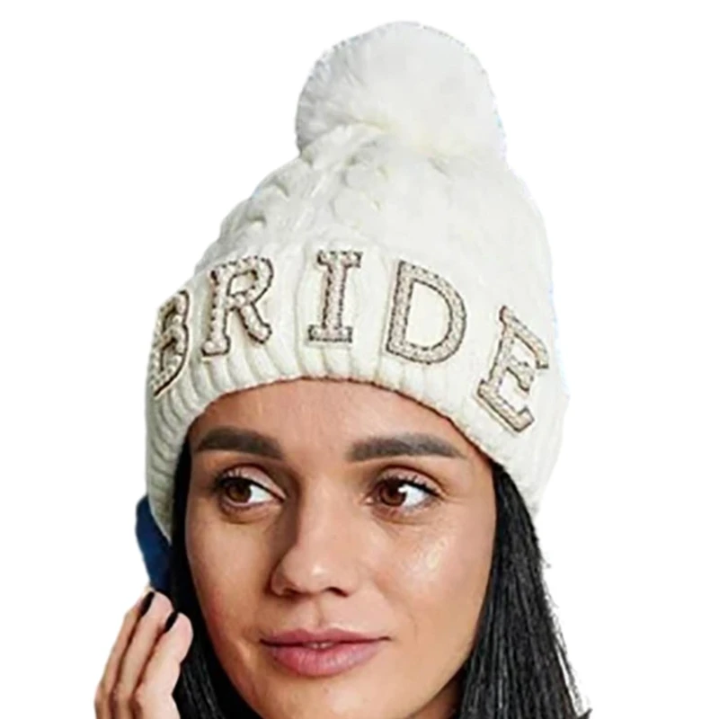 

Adult Thicken Pearl BRIDE Letter Hat Winter Bride Outdoor Cycling Skiing Climbing Hat Cold Weather Keep Warm Hat