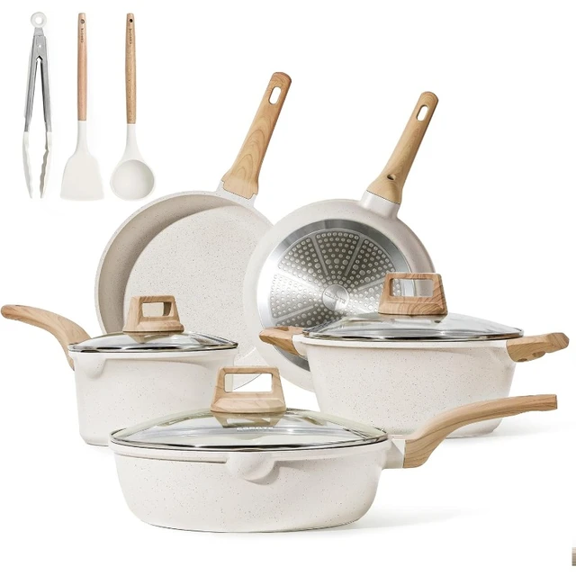 CAROTE 11-Piece Nonstick Cookware Set with Detachable Handles - White