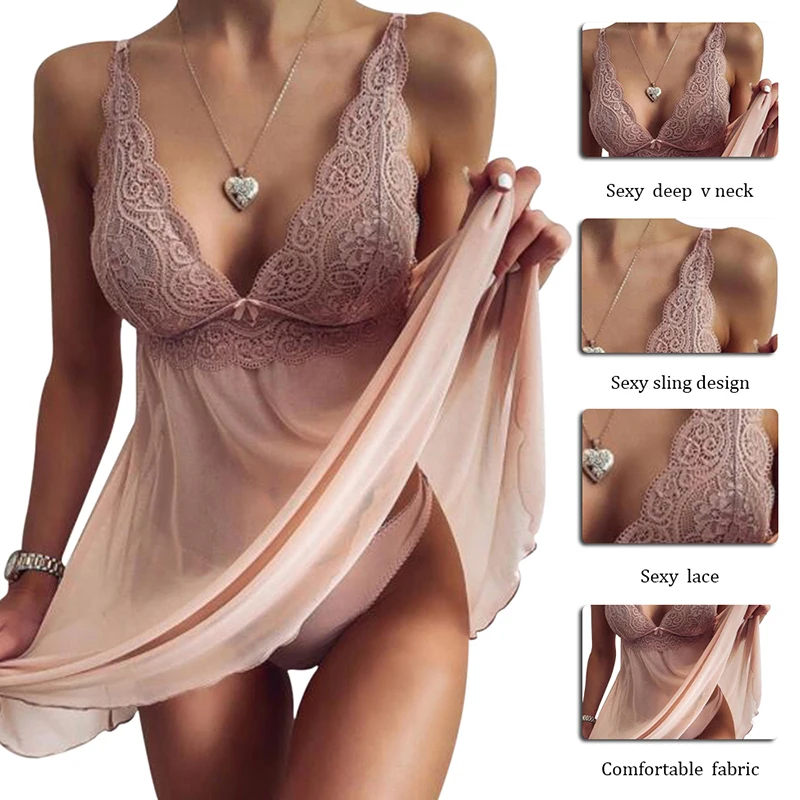 

Sexy Woman Transparent Dress Plus Size Erotica Negligee Sexy Deep V Exotic Costume Lace Summer Sleeveless Night Sexy Nightdress