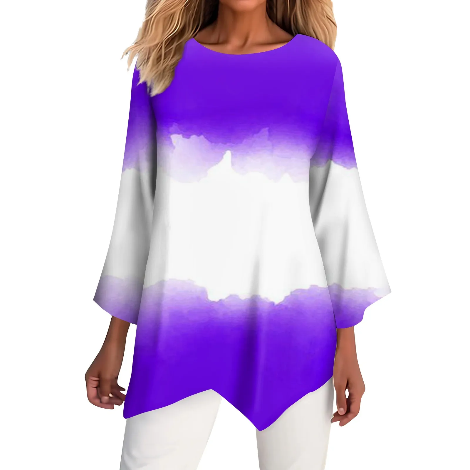 

Women'S Fashion Gradient Print Pullovers Round Neck Three Quarter Sleeves Irregular Hem Tee Tops Casual Loose Spring New Tops