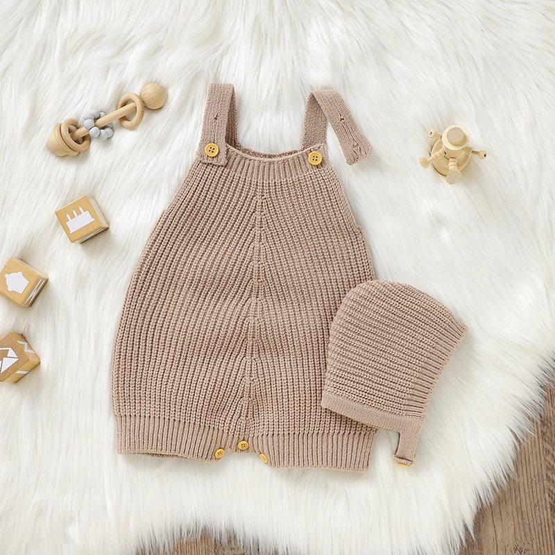 Комбинезоны для младенцев 0-18 мес., комбинезоны без рукавов, трикотажные однотонные комбинезоны для новорожденных мальчиков и девочек, комплекты одежды с шапками, 2 предмета, Детская модель