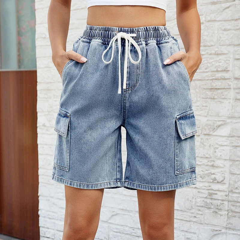 Women's Wide Leg Gradient Blue Retro Denim Shorts New Summer Female High Waist Loose Drawstring Short Jeans Streetwear Capris