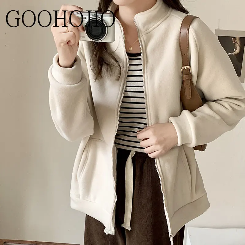 

Simple Zipper Cardigan Women's Clothing Autumn and Winter Solid Color Hoodie Plush Thick Sweatshirt Loose Drape Lazy Top Women
