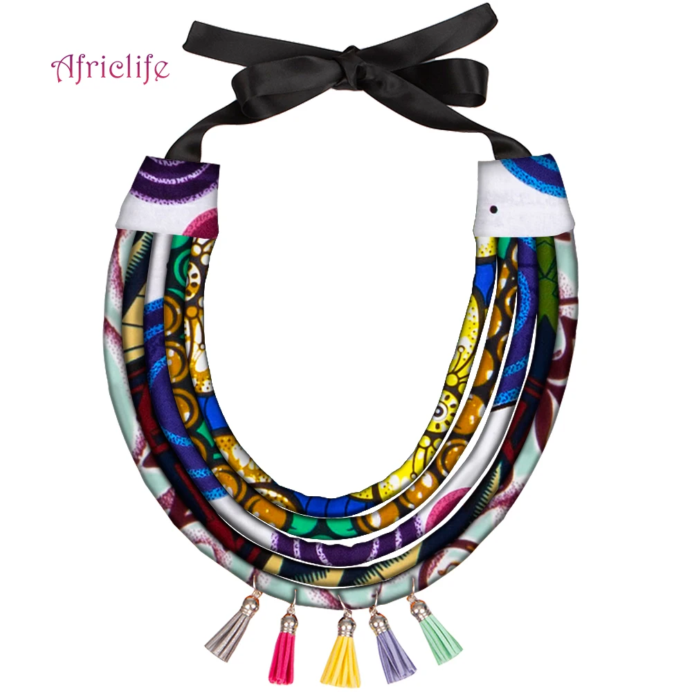 African Multi Color Tassels Necklace Handmade Fabric Ankara Multi Layered Rope Statement Necklace for Summer Holiday WYB12