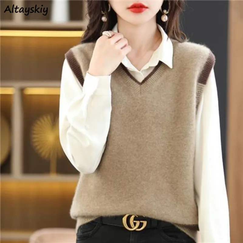 

Vintage Sweater Vest Women Ulzzang Simple Loose Casual Soft Panelled Temper Mature Harajuku Sleeveless Knitwear Classic Females