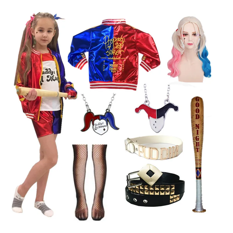 

High Quality Embroidery Suicide Harley Cosplay Costumes Squad Quinn Kids Girls Jacket Pants Sets Carnival Party Dress