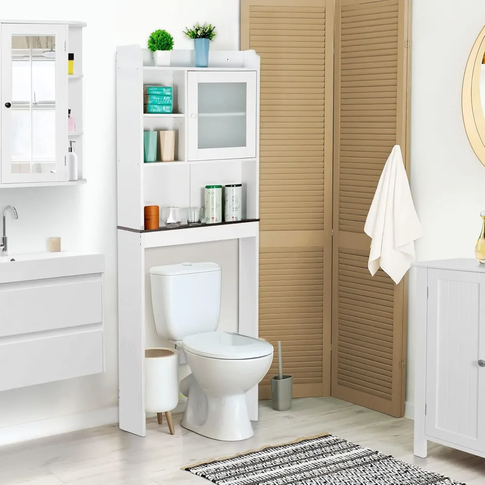 Over The Toilet Bathroom Storage Cabinet Freestanding Wooden Bathroom Organizer with Adjustable Shelves and Glass Door 4