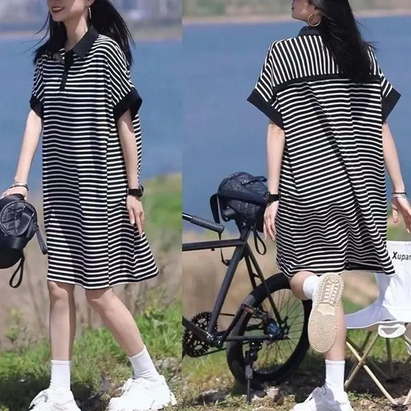 

Stylish Striped Polo-Neck Dresses Button Korean Loose Summer Straight Women's Clothing Casual Spliced Short Sleeve Midi Dress