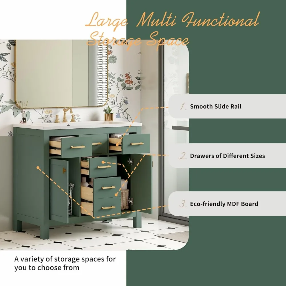 36" Bathroom Vanity with Sink, Freestanding Modern Bathroom Vanity Cabinet with Sink Top, Solid Wood Frame Bathroom Vanity 5