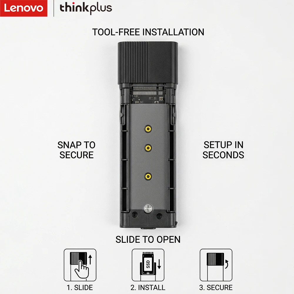Lenovo ThinkPlus M.2 NVMe SSD Enclosure, 10Gbps USB 3.2 Type-C, Aluminum Alloy Heat Dissipation, Supports 2230/2242/