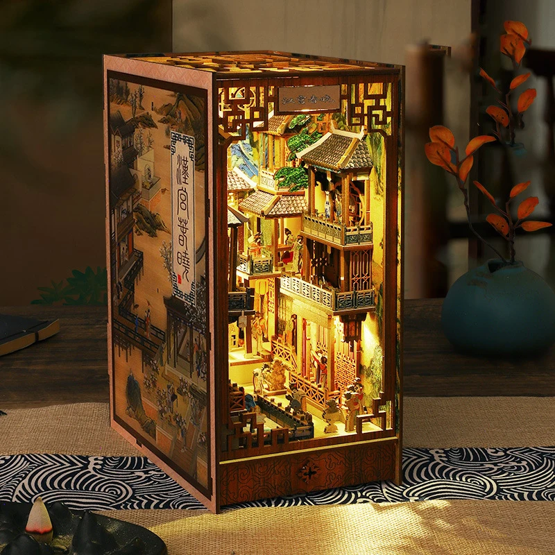 DIY Book Nook Wooden Miniature Model Kit Chinese Ancient Town Bookend Assembled 3D Puzzle Bookshelf Home Decor Friends Gifts 5