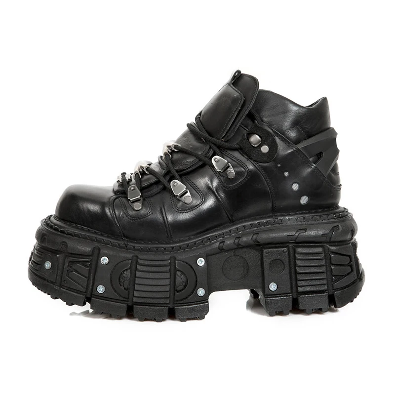Men Retro Spanish Tank Bottom Metal High-Top Platform Leather Shoes Dark Punk Muffin Bottom Street Shooting Pumps Women