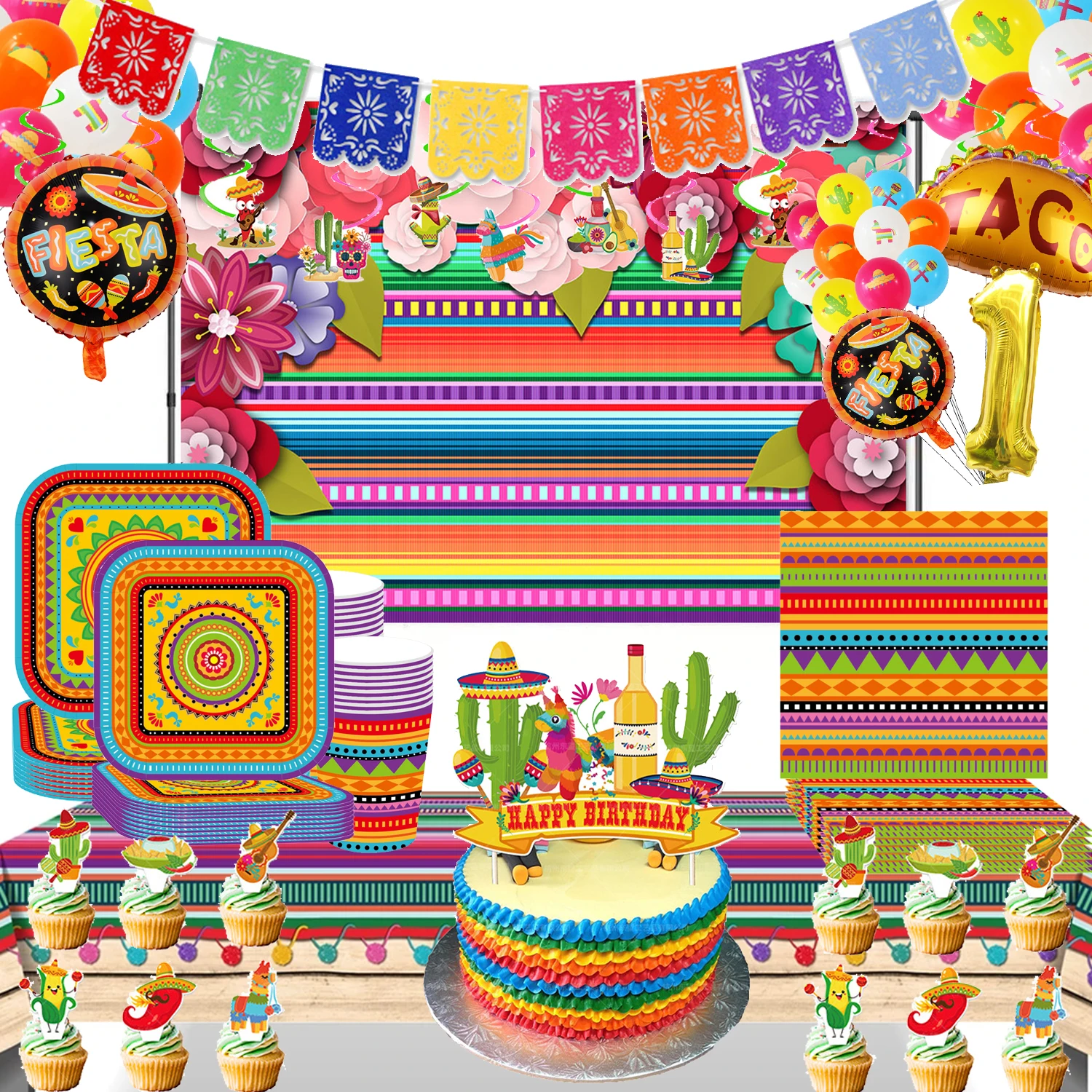 

Mexico Fiesta Cactus Theme Party Disposable Tableware Paper Plates Cup Napkins Taco Balloon Mexican Party Favors Decor Supplies