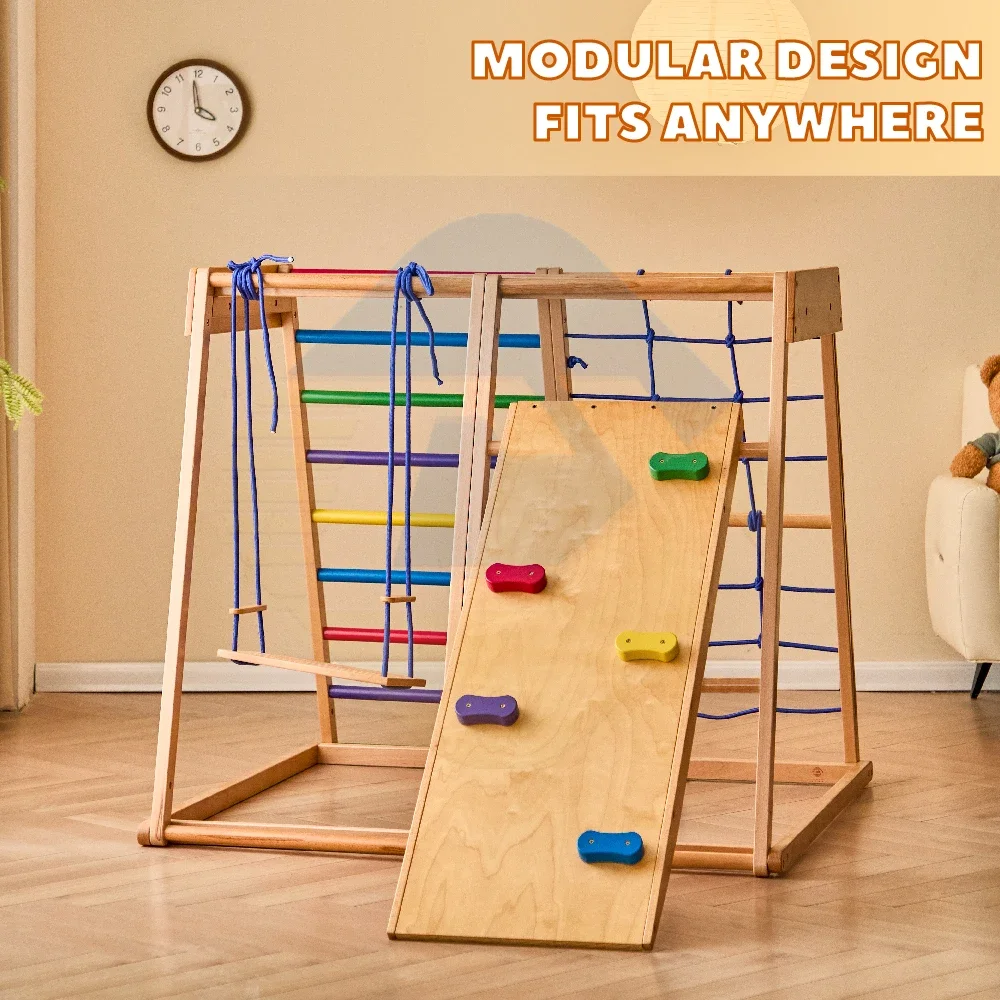 Wooden Rainbow Climbing Frame Indoor Playground Indoors for Kids Activity Climber Ladder Swing Slide Play Structure Set