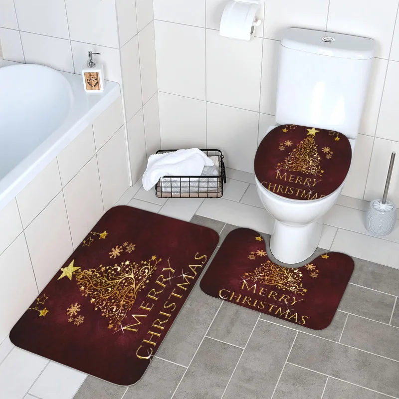 3-piece non slip christmas happy pattern bathroom mat set, bathtub carpet, toilet U-shaped mat, toilet cover, bathroom decoratio