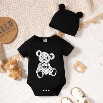 2PCS Newborn Baby Boy Romper Little Bear Print Summer Short Sleeve Bodysuit Leisure Time Jumpsuit+Hat for Infant Boy 0-9 Months 1
