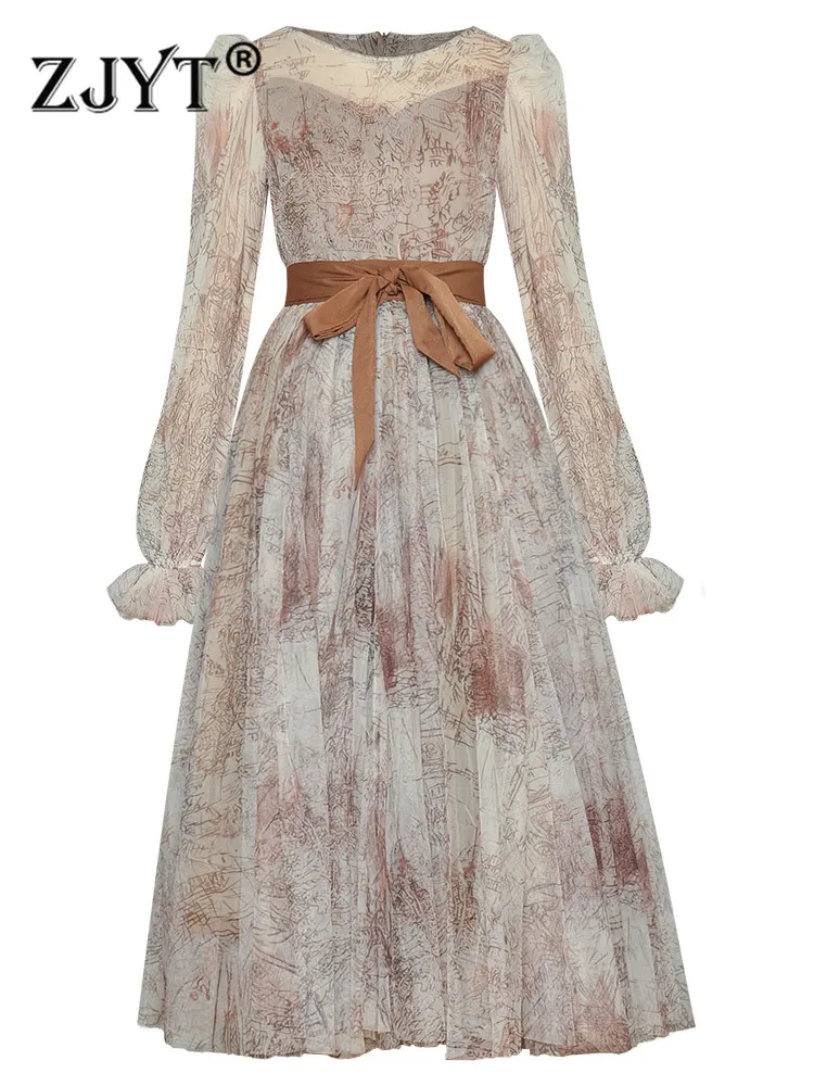 ZJYT Runway Fashion Spring Print Midi Ball Gown Dress for Women Party Vintage Lace Up Mesh Vestidos Long Sleeve Elegant Robes |
