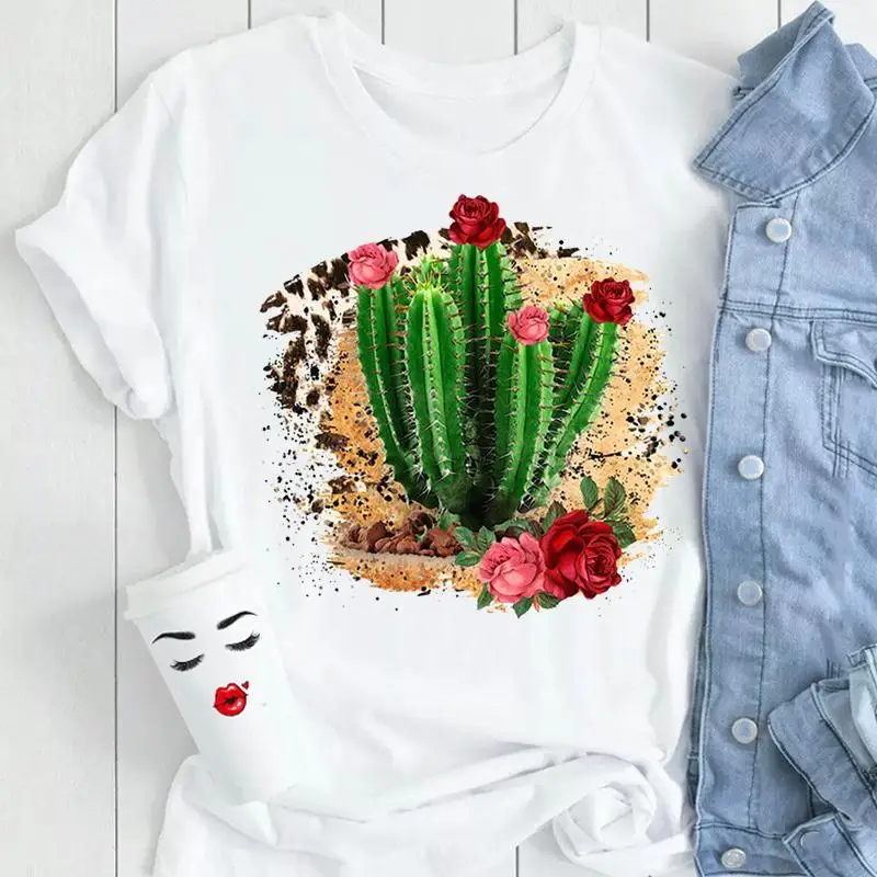 

Women Fashion Cartoon Print Wear Ladies Vacation Tops Tees Tshirt Cactus Flower 90s Short Sleeve O-neck Graphic T-Shirt