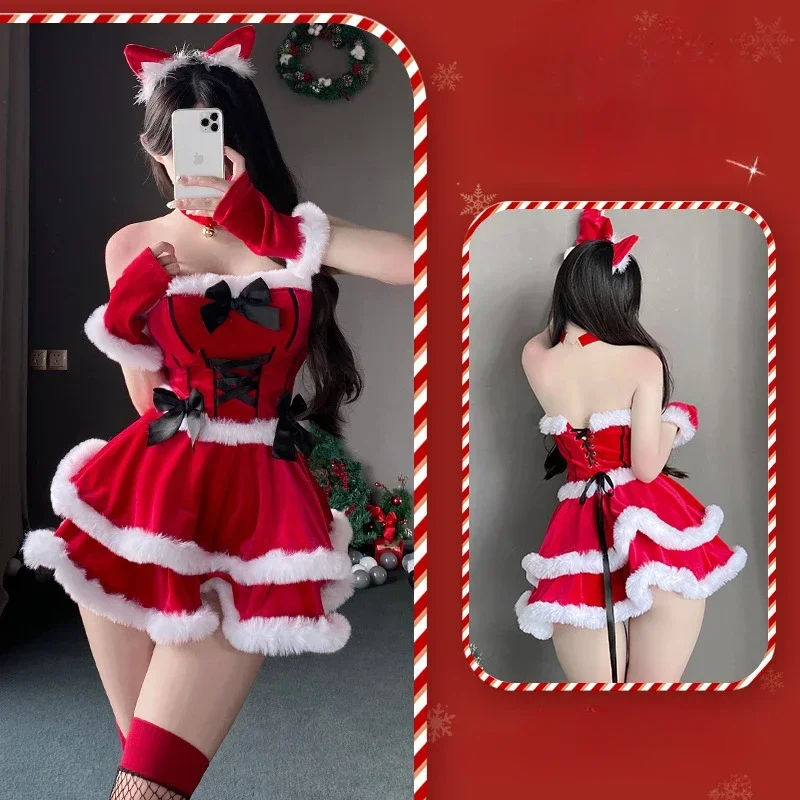 Christmas Sexy Plush Bunny Girl Uniform Cosplay Sexy Costumes Velvet New Year Red Dress Nightdress Role Play Outfits Underwear