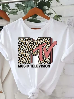 Summer women's MTV leopard print letter graphic print fashionable casual sports loose round neck short sleeved T-shirt top 1