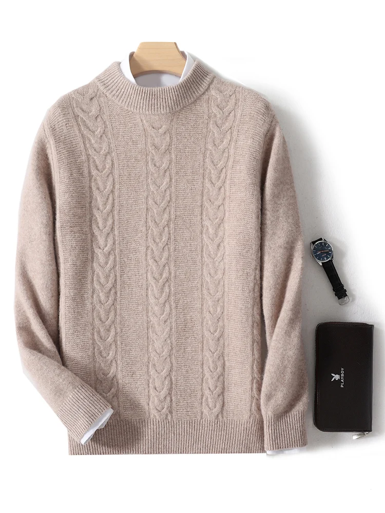CHICUU Autumn Winter Men Cashmere Sweater Thick Mock Neck Cable Knitting Pullover 100% Merino Wool Knitwear High Quality Tops 4