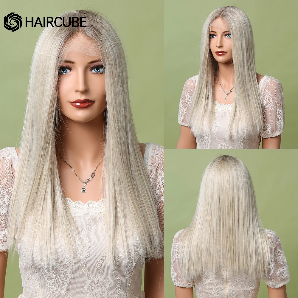 

Lace Front Synthetic Wig Ombre Brown to Platinum Blonde Hair Wig Middle Part for Women Long Straight Lace Wig Heat Resistant