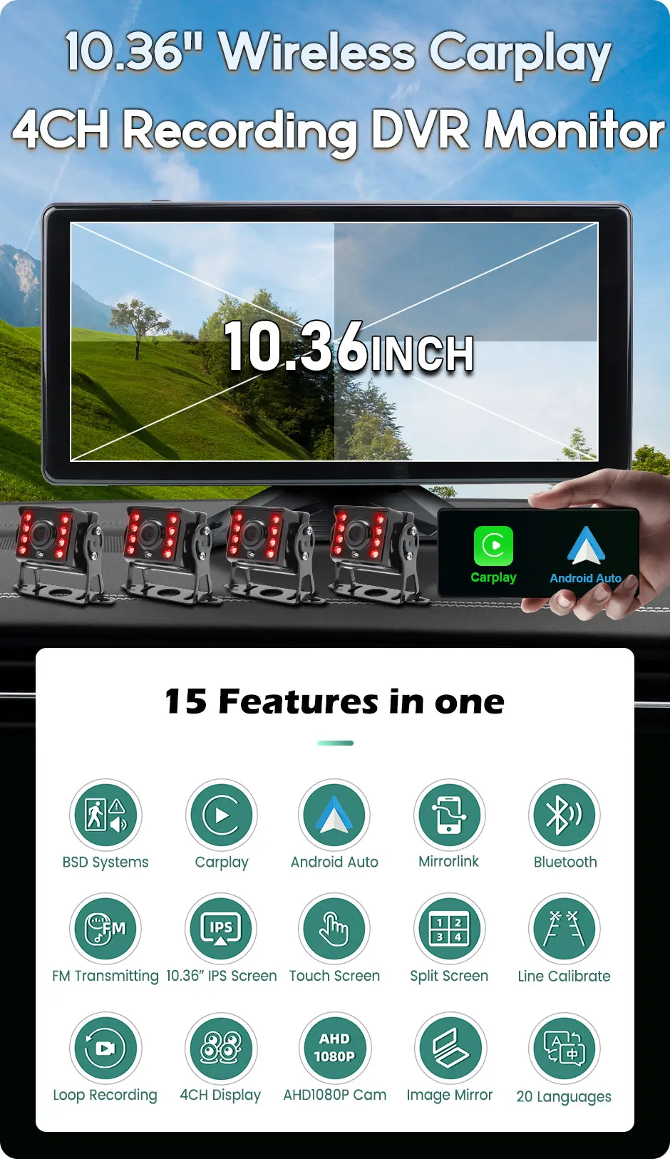 Description Picture 2 of itemGreenYi 10.36" 4CH WiFi Wireless Apple Carplay and Android-Auto AI Blind Spot BSD Alarm DVR Record Monitor IR Cam for Truck Bus