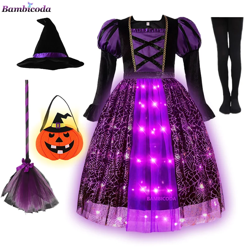 Sparkly Witch Halloween Costumes For Girls Led Light Up Purple Long Dress For Kids Carnival Cosplay Outfit Con Cappello Di Scopa