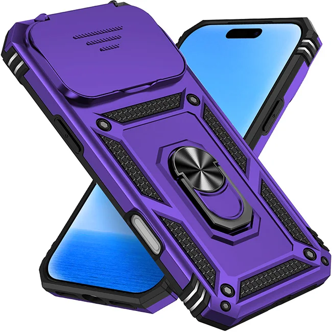 Slide Lens Cover Phone Case with 360° Rotating Ring Stand Protection