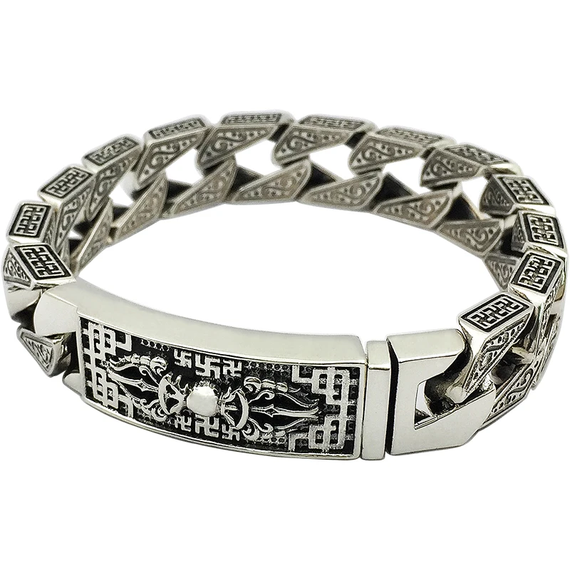 

S925 Sterling Silver Retro Thai Silver Chao Male six-character mantras MANTRAS bar mantras mantras bracelet