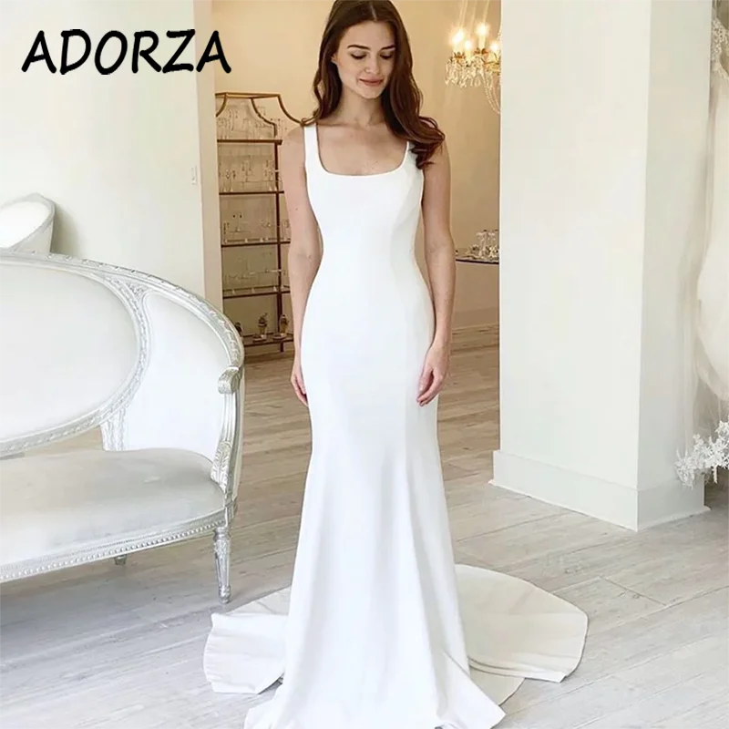 

ADORZA Wedding Dress Boho Plain Satin Scoop Neckline Bridal Gown Elegant Mermaid Backless Court Train Vestido De Noiva for Bride