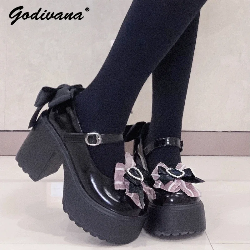 Mine Mass-Produced Bow Hot Girl Platform Shoes Japanese Lolita Rojita Bowknot Leather Pumps Cute Girls High Heels