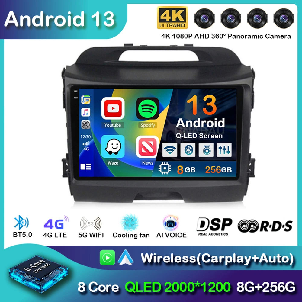 Автомобильный радиоприемник Android 13 для KIA Sportage 3 2010-2015 2016 4G + WIFI мультимедийный видеоплеер GPS 2din Авторадио