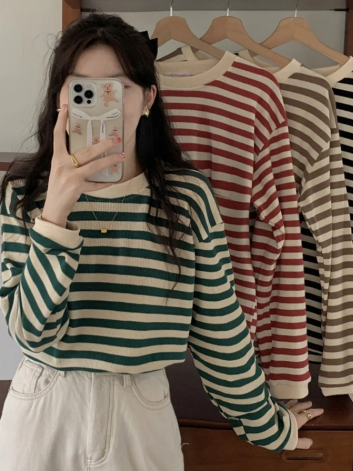 하이 엔드 슬림 핏 스트라이프 티셔츠 여성 바지 셔츠 짧은 둥근 목 슬리밍 스트레이트 긴 소매 작은 다용도 탑 