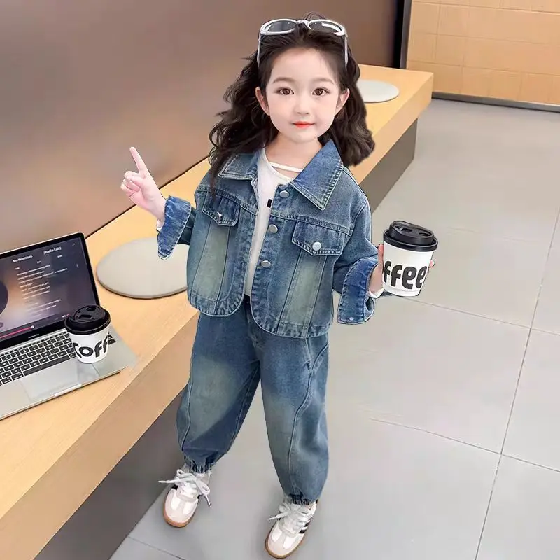 Korean Clothes for Children Spring Autumn New Baby Girls' Loose Fashion  Denim Jacket Pants Kids Casual Top Jeans 2 Pcs Set