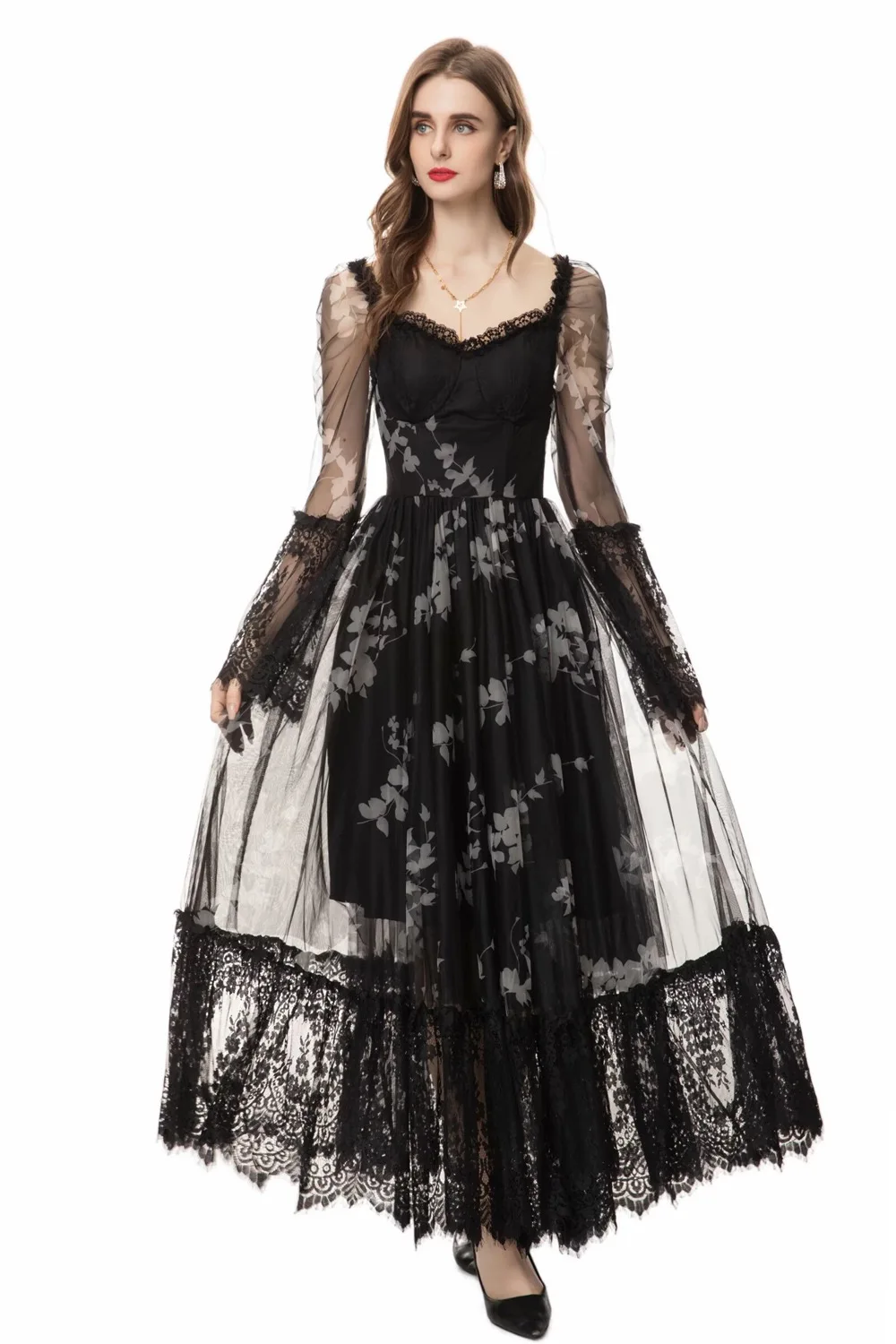 

Fashion Designer spring Summer Women's Square-neck Flare Sleeve Mesh Lace Edge Printed Big Swing Dresses