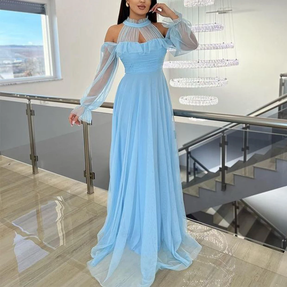 Blue O-Neck Pleat Evening Dresses Off Shoulder Long Sleeves A-Line Floor Length | eBay Blue O-Neck Pleat Evening Dresses Off Shoulder Long Sleeves A-Line Floor Length | eBay