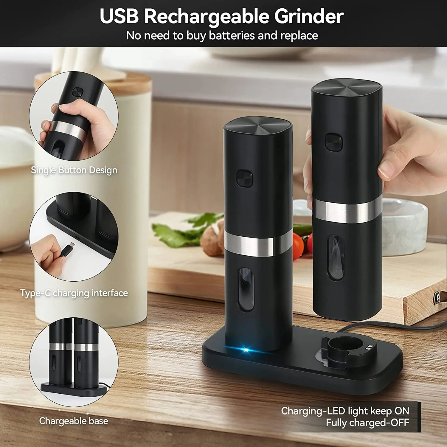 Electric Salt and Pepper Grinder Set - USB Rechargeable With Dual Charging  Base - Automatic One Hand Operation - Adjustable Coarseness & LED Light  Refillable 