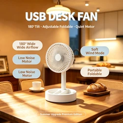 Foldable Adjustable USB Desk Fan with 180° Tilt and Low - Noise Design for Portable Use in Office or Dorm (WHITE)