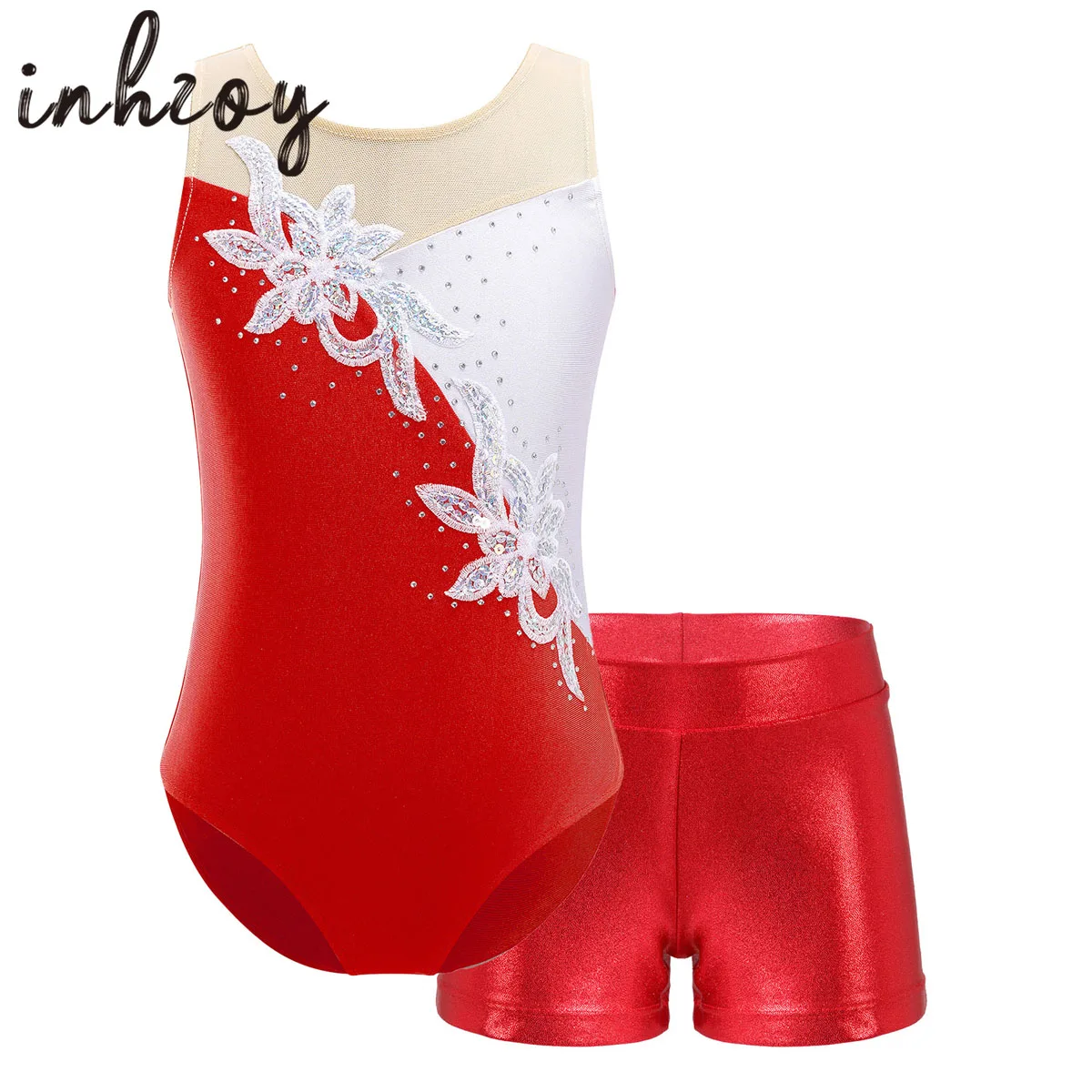 

Kids Girls Floral Sequin Ballet Dance Sets Rhinestone Sleeveless Figure Skaitng Gymnastics Leotard Bodysuit and Shorts Outfits
