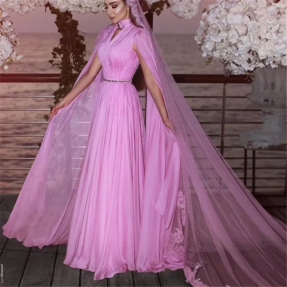 

New A-Line Prom Dress High Neck Chiffon Arabic Muslim Saudi Evening Dresses 2024 Sexy Key-Hole Ruched Long Sleeve Formal dress