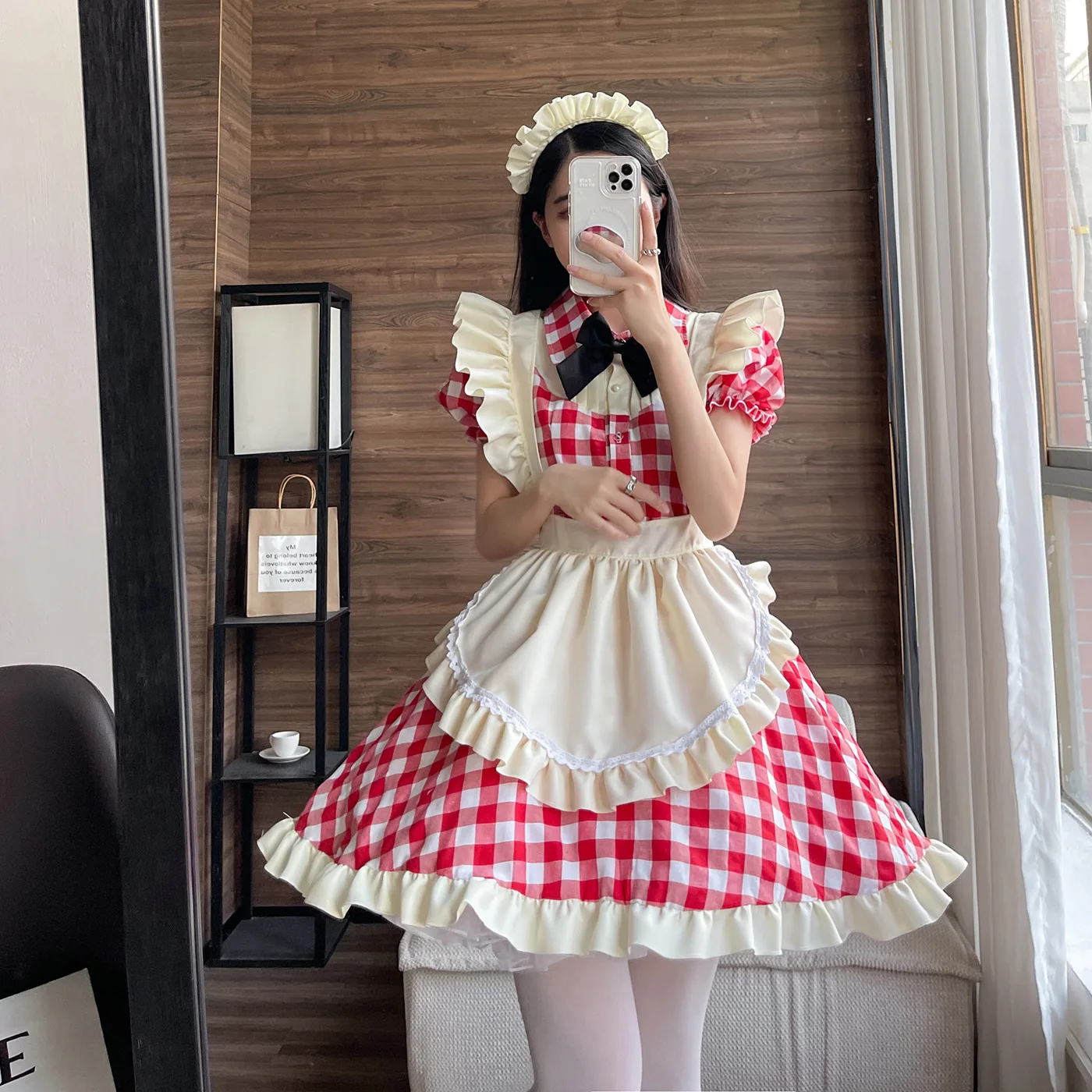 

Japanese Cute Lolita Maid Outfit Sexy Cosplay Maid Uniform Dress Black And Red Checkered Plus Size S-5xl