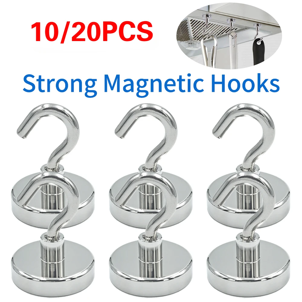 

5/10/20PCS Super Strong Neodymium Powerful Magnetic Hooks Ring Metal Magnet with Curved Hook Hanger for Hanging,Fridge,Wall,Key