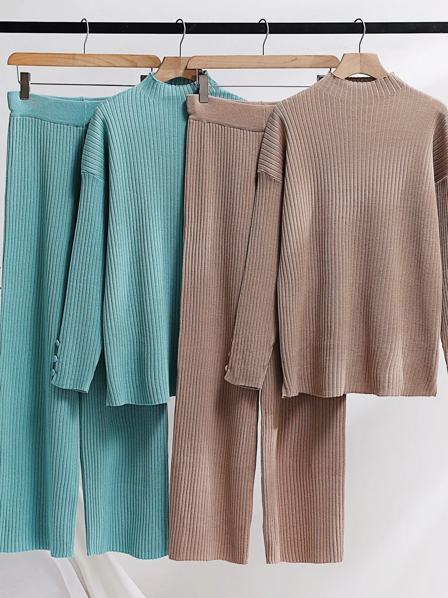 Autumn Winter 2 Pieces Women Sets Loose LargeSize Solid Color Knitted Tracksuit Turtleneck Sweater+ Straight Jogging Pants Suits