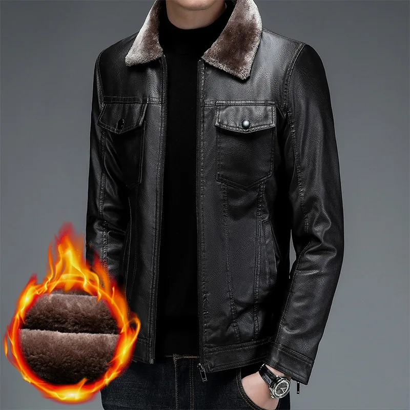 2023 Winter New Fleece-Lined Thickened Men Leather Jacket Men Fashion Casual All-Matching Slim Fit Large Size Leather Coat