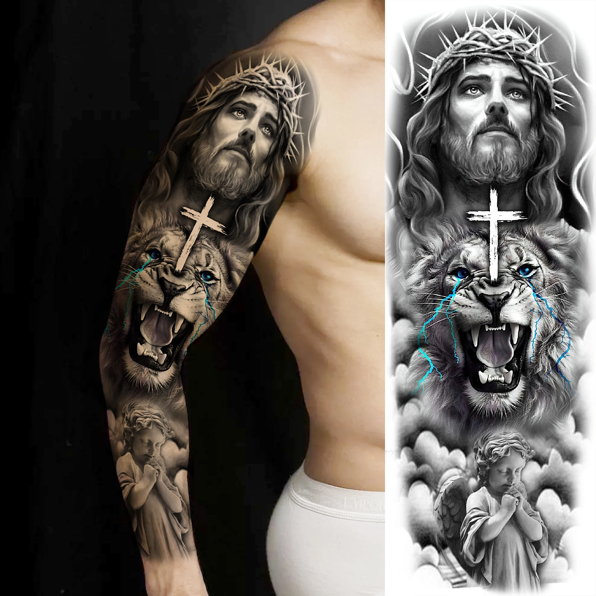 1 Blatt super lange große volle Arm Jesus temporäre Tattoos für Männer Frauen Zeus Götter Tatoos wasserdicht Fake Tattoo Ärmelaufkleber – Detail 1