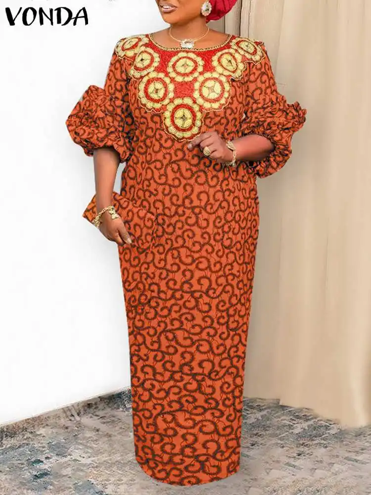 

VONDA Summer Elegant Puff Sleeve Maxi Dress 2023 Women Vintage Printed Sundress Fashion Casual Loose Party Streetwear Vestidos